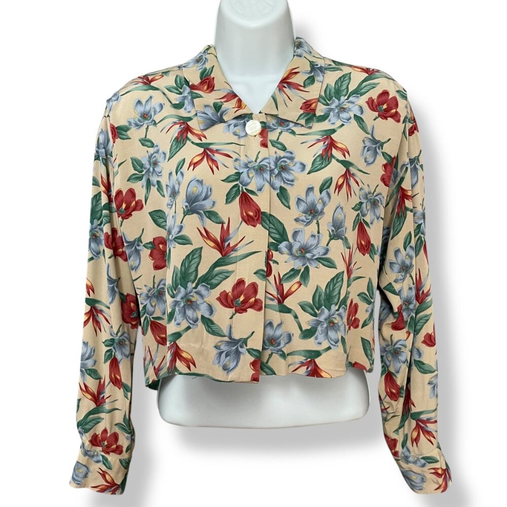 Vintage Floral Top Blouse Beige Long Sleeves Tropical Collar‎ 90s Women Hawaiian